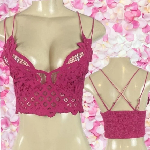 Free People L Rose Lace V-Neck Ruched Back Adjustable Crisscross Strap Bralette - Picture 1 of 6